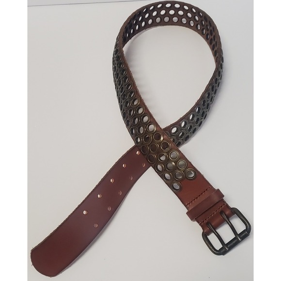 J. Crew Belt M Brown Leather with Grommet Holes Of Aged Brass Double Prong Close - Picture 4 of 10